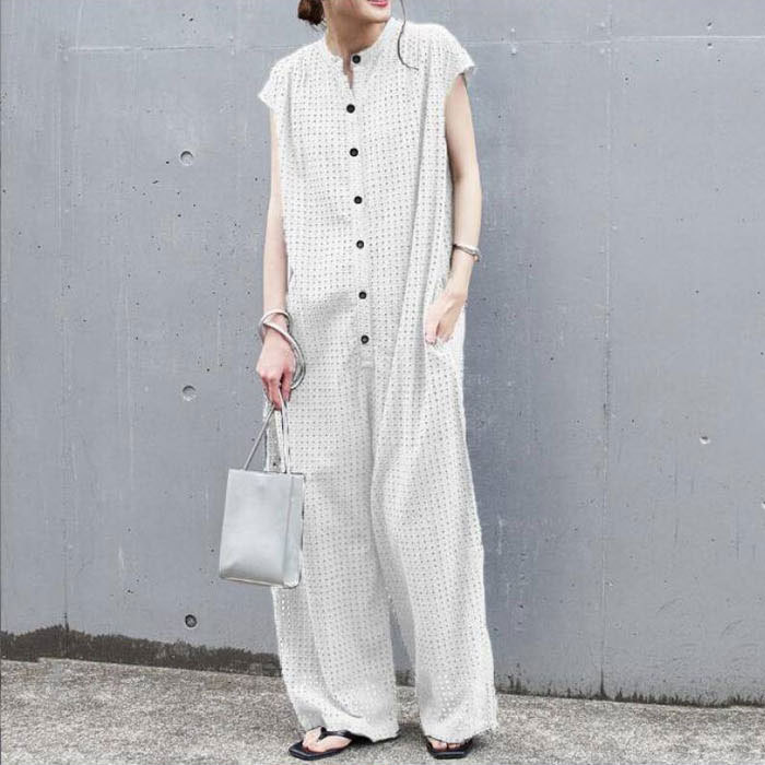 オールインワン　彫り透かし　裏地付き　オーバーオール　レディース　ノースリーブ　パンツドレス　半袖　春夏　体型カバー　ワイドパンツ　結婚式　二次会　お出かけ　お呼ばれ　入学式　卒業式　上品　高級感　カジュアル風　リラックス　ゆったりシルエット