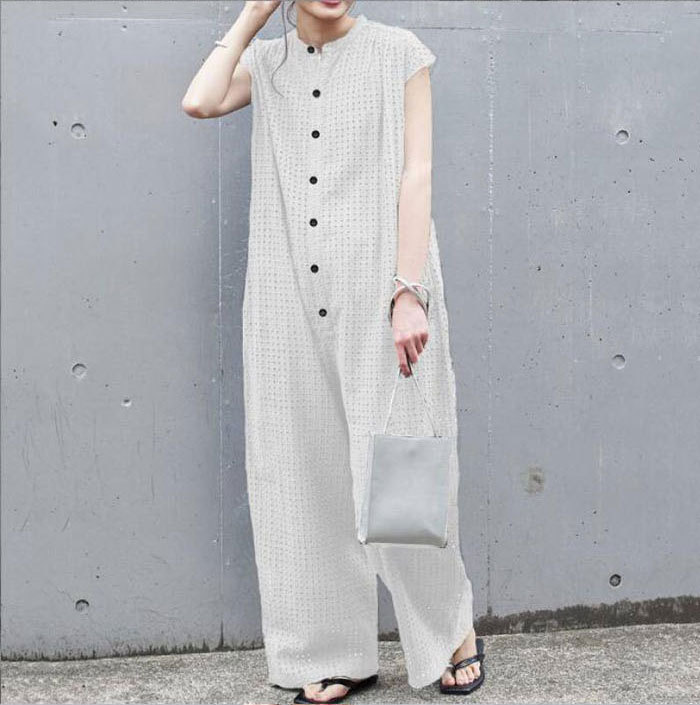 オールインワン　彫り透かし　裏地付き　オーバーオール　レディース　ノースリーブ　パンツドレス　半袖　春夏　体型カバー　ワイドパンツ　結婚式　二次会　お出かけ　お呼ばれ　入学式　卒業式　上品　高級感　カジュアル風　リラックス　ゆったりシルエット