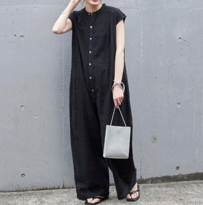 オールインワン　彫り透かし　裏地付き　オーバーオール　レディース　ノースリーブ　パンツドレス　半袖　春夏　体型カバー　ワイドパンツ　結婚式　二次会　お出かけ　お呼ばれ　入学式　卒業式　上品　高級感　カジュアル風　リラックス　ゆったりシルエット