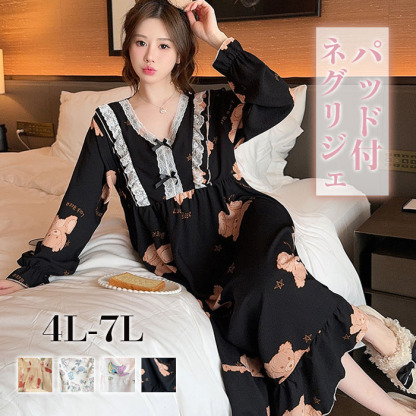 ネグリジェ レディース パッド付 綿 コットン 総柄 ワンピース 春秋 秋冬 長袖 ロング ナイトウエア ナイトドレス ルームウエア パジャマ 部屋着 北欧風 可愛い ゆったり 上品 高級 肌触りよい おしゃれ 綺麗 大きいサイズ 3L 4L 5L