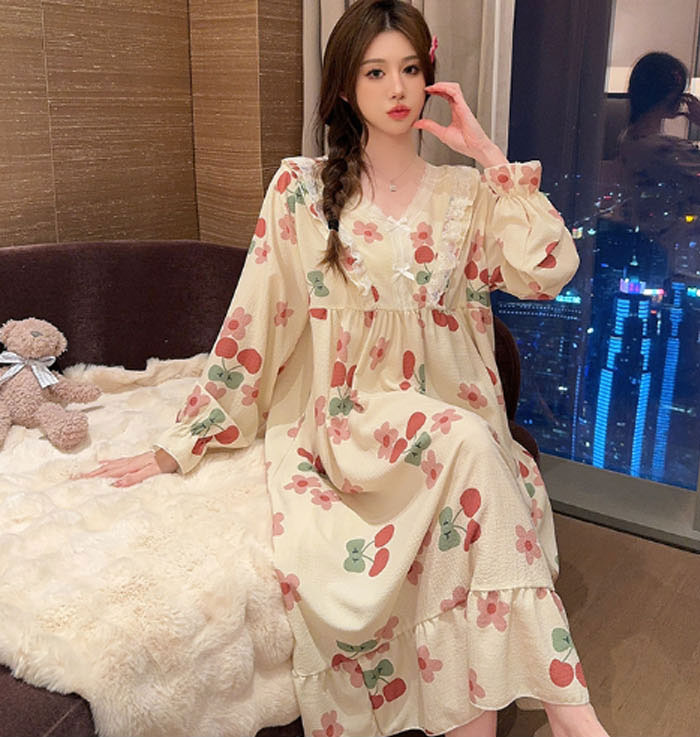 ネグリジェ レディース パッド付 綿 コットン 総柄 ワンピース 春秋 秋冬 長袖 ロング ナイトウエア ナイトドレス ルームウエア パジャマ 部屋着 北欧風 可愛い ゆったり 上品 高級 肌触りよい おしゃれ 綺麗 大きいサイズ 3L 4L 5L