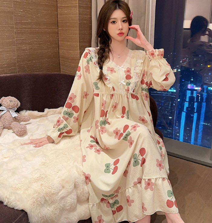 ネグリジェ レディース パッド付 綿 コットン 総柄 ワンピース 春秋 秋冬 長袖 ロング ナイトウエア ナイトドレス ルームウエア パジャマ 部屋着 北欧風 可愛い ゆったり 上品 高級 肌触りよい おしゃれ 綺麗 大きいサイズ 3L 4L 5L