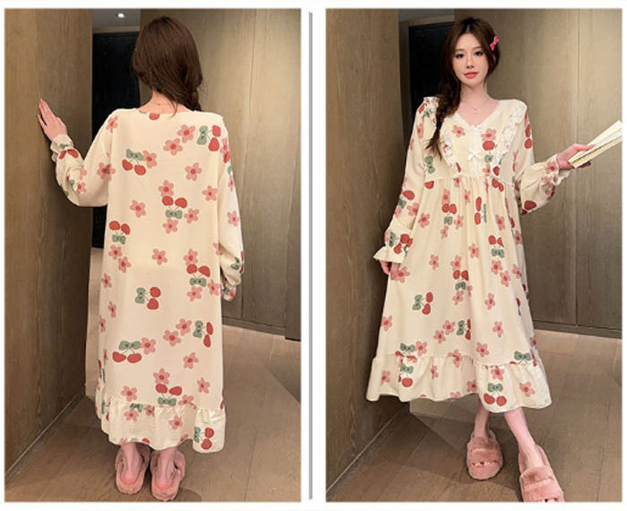 ネグリジェ レディース パッド付 綿 コットン 総柄 ワンピース 春秋 秋冬 長袖 ロング ナイトウエア ナイトドレス ルームウエア パジャマ 部屋着 北欧風 可愛い ゆったり 上品 高級 肌触りよい おしゃれ 綺麗 大きいサイズ 3L 4L 5L