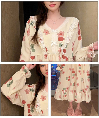 ネグリジェ レディース パッド付 綿 コットン 総柄 ワンピース 春秋 秋冬 長袖 ロング ナイトウエア ナイトドレス ルームウエア パジャマ 部屋着 北欧風 可愛い ゆったり 上品 高級 肌触りよい おしゃれ 綺麗 大きいサイズ 3L 4L 5L