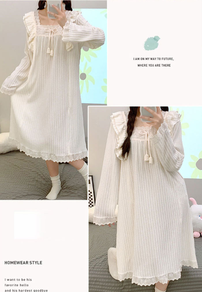 ネグリジェ 綿 コットン 長袖 無地 大きいサイズ お姫系 フリル付き 春秋 秋冬 ロング ナイトウエア ナイトドレス ルームウエア パジャマ 部屋着 北欧風 可愛い ゆったり