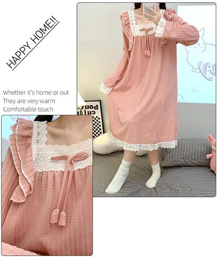 ネグリジェ 綿 コットン 長袖 無地 大きいサイズ お姫系 フリル付き 春秋 秋冬 ロング ナイトウエア ナイトドレス ルームウエア パジャマ 部屋着 北欧風 可愛い ゆったり