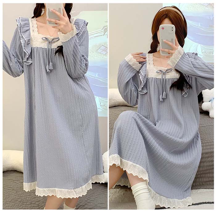 ネグリジェ 綿 コットン 長袖 無地 大きいサイズ お姫系 フリル付き 春秋 秋冬 ロング ナイトウエア ナイトドレス ルームウエア パジャマ 部屋着 北欧風 可愛い ゆったり