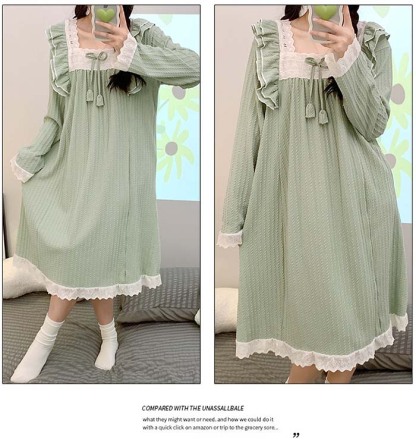 ネグリジェ 綿 コットン 長袖 無地 大きいサイズ お姫系 フリル付き 春秋 秋冬 ロング ナイトウエア ナイトドレス ルームウエア パジャマ 部屋着 北欧風 可愛い ゆったり