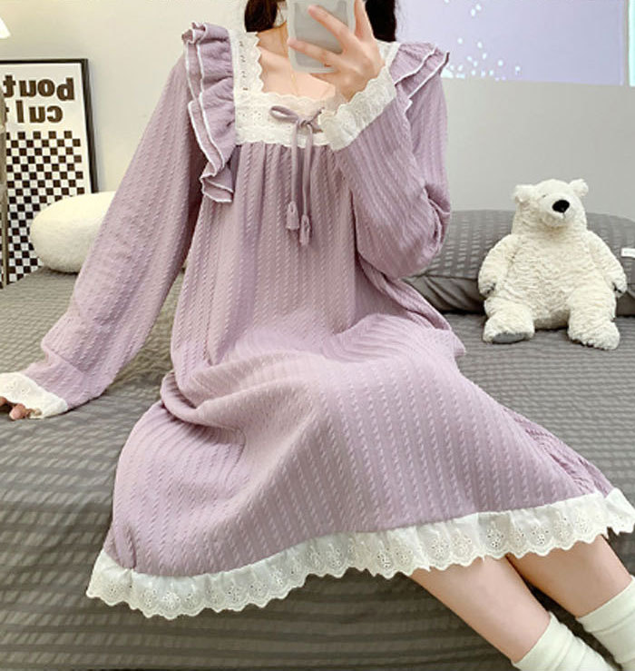 ネグリジェ 綿 コットン 長袖 無地 大きいサイズ お姫系 フリル付き 春秋 秋冬 ロング ナイトウエア ナイトドレス ルームウエア パジャマ 部屋着 北欧風 可愛い ゆったり
