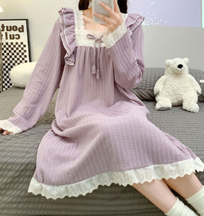 ネグリジェ 綿 コットン 長袖 無地 大きいサイズ お姫系 フリル付き 春秋 秋冬 ロング ナイトウエア ナイトドレス ルームウエア パジャマ 部屋着 北欧風 可愛い ゆったり
