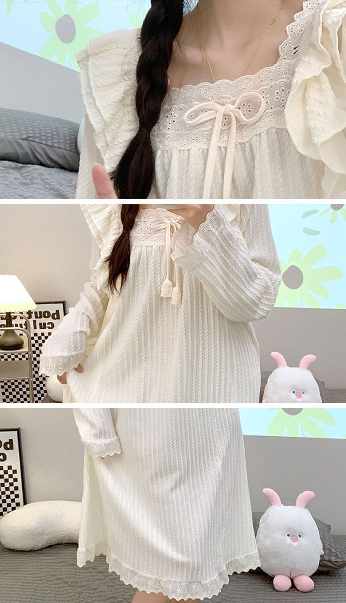 ネグリジェ 綿 コットン 長袖 無地 大きいサイズ お姫系 フリル付き 春秋 秋冬 ロング ナイトウエア ナイトドレス ルームウエア パジャマ 部屋着 北欧風 可愛い ゆったり