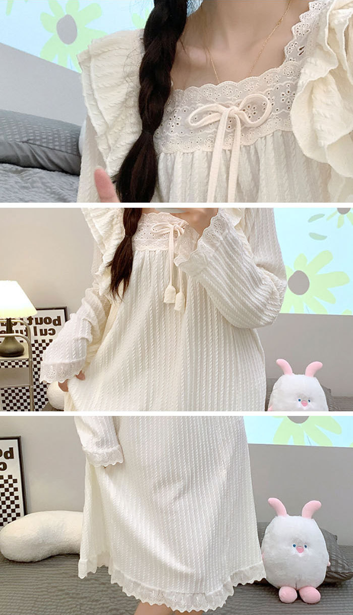 ネグリジェ 綿 コットン 長袖 無地 大きいサイズ お姫系 フリル付き 春秋 秋冬 ロング ナイトウエア ナイトドレス ルームウエア パジャマ 部屋着 北欧風 可愛い ゆったり