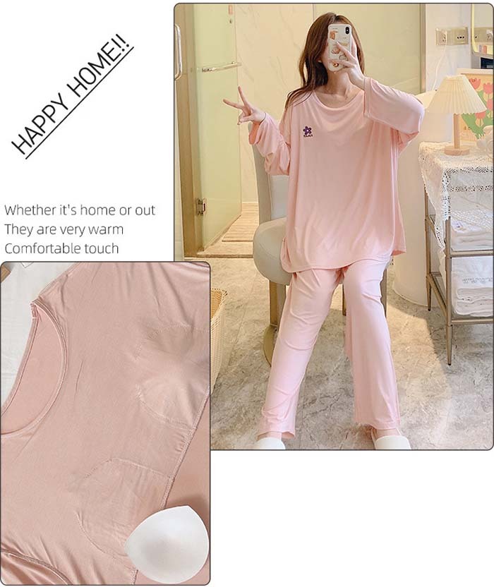 ルームウエア レディース 女性用 モーダル パッド付 ビッグシルエット 無地 部屋着 セットアップ 上下セット パジャマ ナイトウエア ロングパンツ ふんわり やわらか お肌にやさしい 上品 夏 春夏 洗える 可愛い