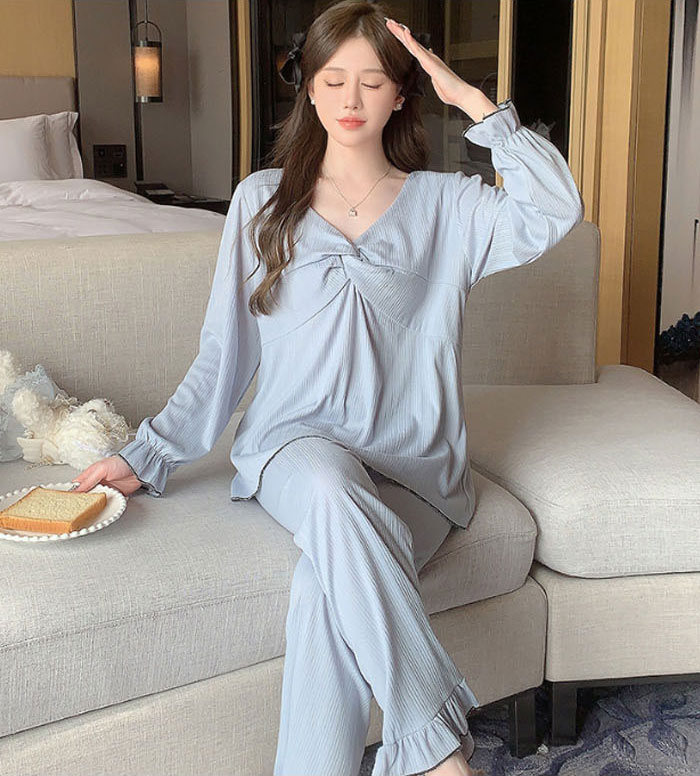 パジャマ　長袖　綿　レディース　ルームウエア　コットン　大きいサイズ　お姫系　リボンデザイン　可愛い　おしゃれ　部屋着　ナイトウエア　上下セット