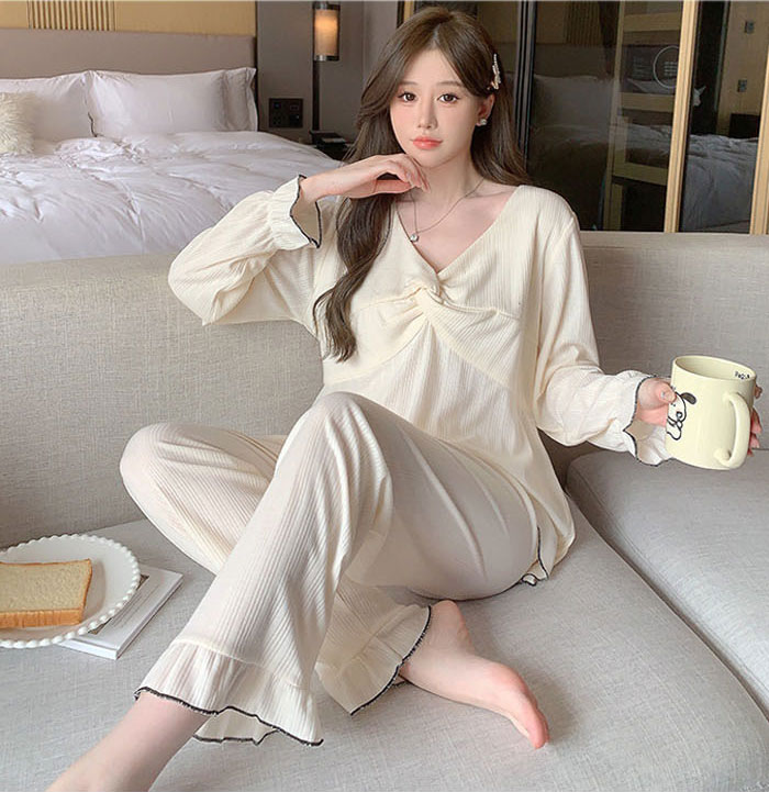パジャマ　長袖　綿　レディース　ルームウエア　コットン　大きいサイズ　お姫系　リボンデザイン　可愛い　おしゃれ　部屋着　ナイトウエア　上下セット