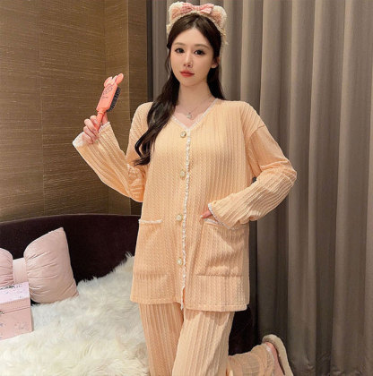 パジャマ　レディース　綿　ルームウエア　前開き　コットン　大きいサイズ　お姫系　可愛い　おしゃれ　部屋着　セットアップ　ナイトウエア　上下セット　長袖　無地