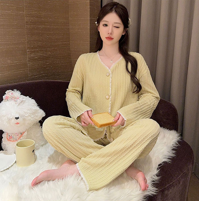 パジャマ　レディース　綿　ルームウエア　前開き　コットン　大きいサイズ　お姫系　可愛い　おしゃれ　部屋着　セットアップ　ナイトウエア　上下セット　長袖　無地