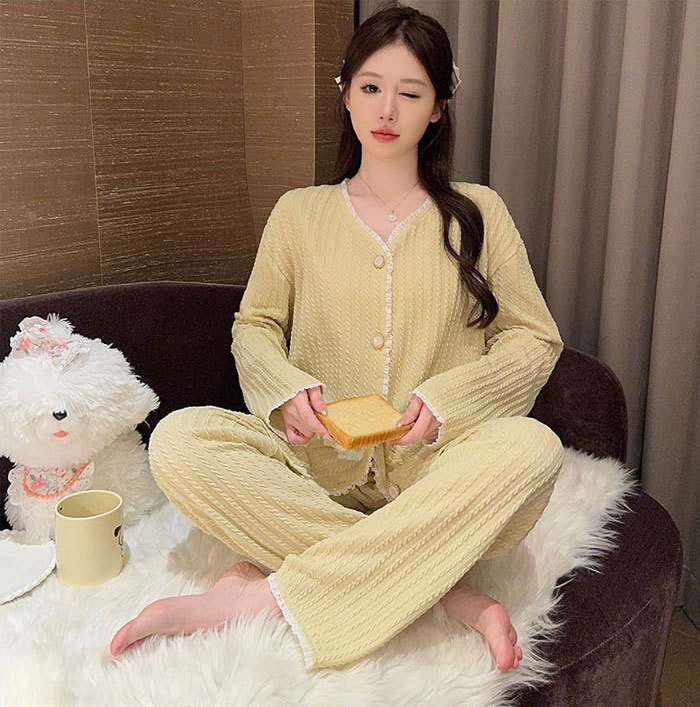 パジャマ　レディース　綿　ルームウエア　前開き　コットン　大きいサイズ　お姫系　可愛い　おしゃれ　部屋着　セットアップ　ナイトウエア　上下セット　長袖　無地