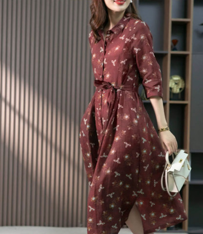 シャツワンピース 麻 レディース ロングワンピース 春夏 五分袖 春秋 シャツワンピ きれいめ 大きいサイズ リネン ロングワンピース ロング 麻ワンピ ミモレ丈 Aライン カジュアル 大人 可愛い 体型カバー エレガント