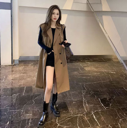 ロングベスト ロングジレ トレンチ ベスト トレンチ トレンチ ジレ 重ね着 レイヤード 春秋 秋冬 テーラード レディース 羽織り カジュアル 無地 着痩せ 通勤 オフィス フェミニン コーディネート 体型カバー ビジネス ジレンチ 日常デート