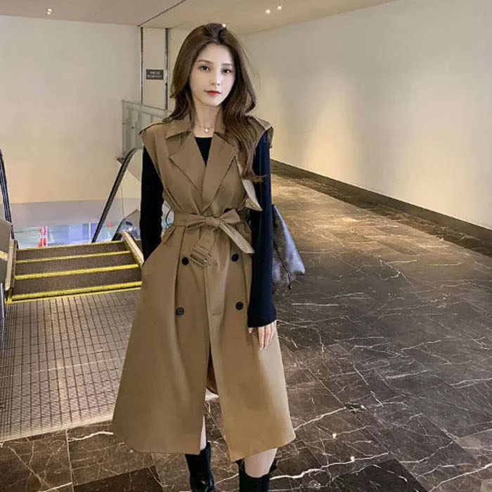 ロングベスト ロングジレ トレンチ ベスト トレンチ トレンチ ジレ 重ね着 レイヤード 春秋 秋冬 テーラード レディース 羽織り カジュアル 無地 着痩せ 通勤 オフィス フェミニン コーディネート 体型カバー ビジネス ジレンチ 日常デート