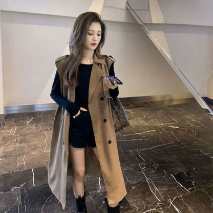 ロングベスト ロングジレ トレンチ ベスト トレンチ トレンチ ジレ 重ね着 レイヤード 春秋 秋冬 テーラード レディース 羽織り カジュアル 無地 着痩せ 通勤 オフィス フェミニン コーディネート 体型カバー ビジネス ジレンチ 日常デート