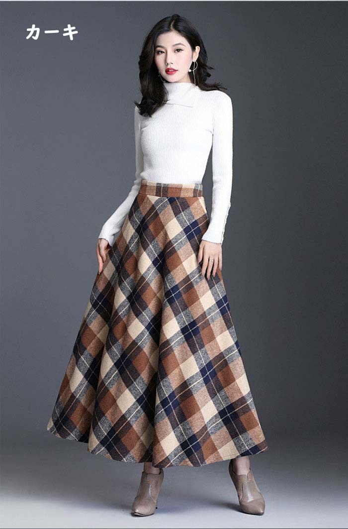 ロングスカート 秋冬 スカート ロング レディース チェック柄 Aライン 大きいサイズ フレアスカート フレア ボトムス 秋 秋物 ロングスカート シンプル きれいめ ハイウエスト 大人 可愛い