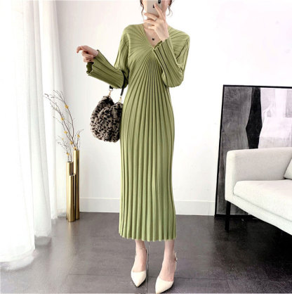 ニットワンピース　春秋　ロング丈　レディース　タイト　ニットワンピ　リブニット　ワンピ　長袖　タイトライン　Vネック　無地　カジュアル　フォーマル　大人　上品　着瘦せ　フェミニン　伸縮性　ストレッチ　高級感　ハイウエスト