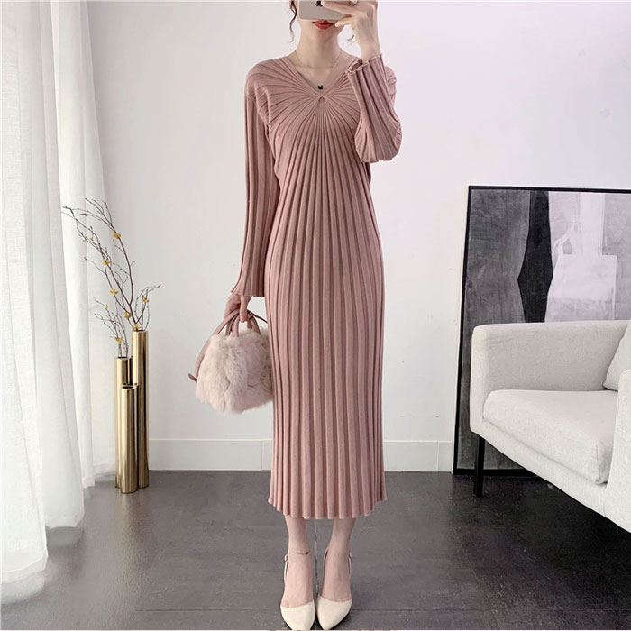 ニットワンピース　春秋　ロング丈　レディース　タイト　ニットワンピ　リブニット　ワンピ　長袖　タイトライン　Vネック　無地　カジュアル　フォーマル　大人　上品　着瘦せ　フェミニン　伸縮性　ストレッチ　高級感　ハイウエスト