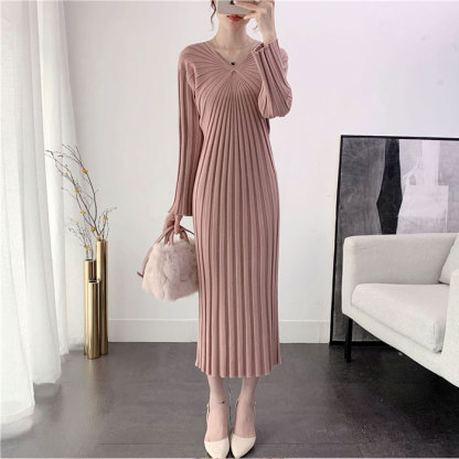 ニットワンピース　春秋　ロング丈　レディース　タイト　ニットワンピ　リブニット　ワンピ　長袖　タイトライン　Vネック　無地　カジュアル　フォーマル　大人　上品　着瘦せ　フェミニン　伸縮性　ストレッチ　高級感　ハイウエスト