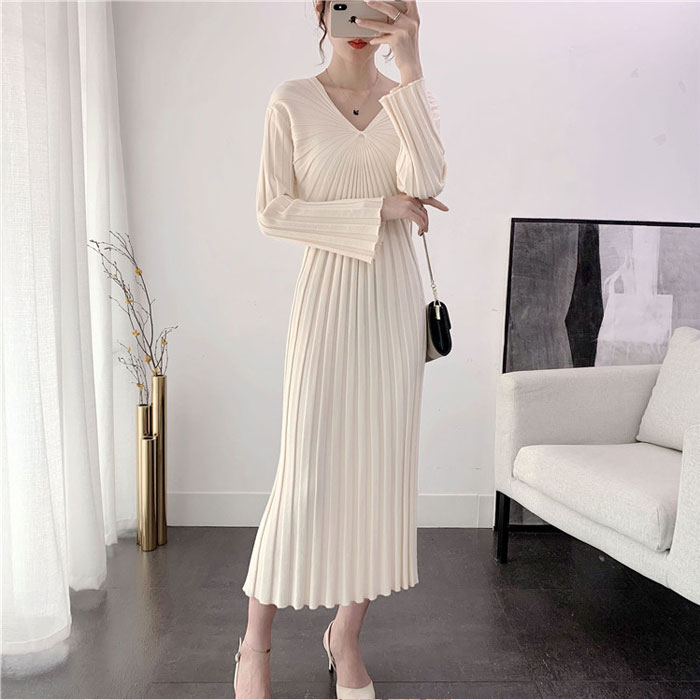 ニットワンピース　春秋　ロング丈　レディース　タイト　ニットワンピ　リブニット　ワンピ　長袖　タイトライン　Vネック　無地　カジュアル　フォーマル　大人　上品　着瘦せ　フェミニン　伸縮性　ストレッチ　高級感　ハイウエスト