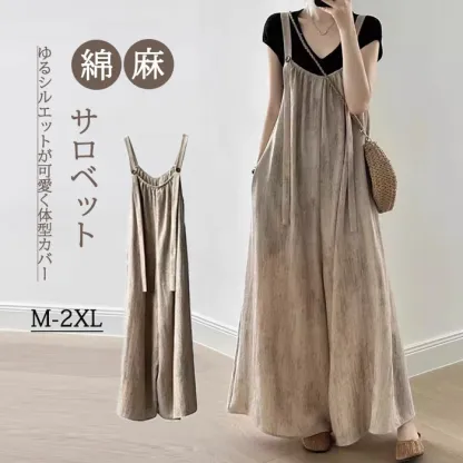 オールインワン サロペット レディース 薄手 夏 ワイドパンツ きれいめ 綿麻混 大きめ 大きいサイズ ノースリーブ リラックス オーバーオール ロング 服 つなぎ シンプル ポケット 楽ちん 大人カジュアル 体型カバー ゆったり 送料無料