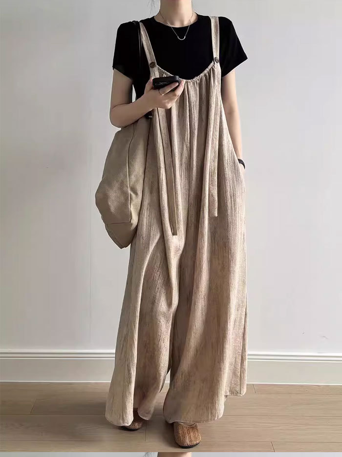 オールインワン サロペット ワイドパンツ レディース スカート 楽ちん 体型カバー ボトムス 春夏 綿麻混 マタニティ スカーチョ きれいめ 重ね着 リラックス 着痩せ 大きいサイズ ふんわり