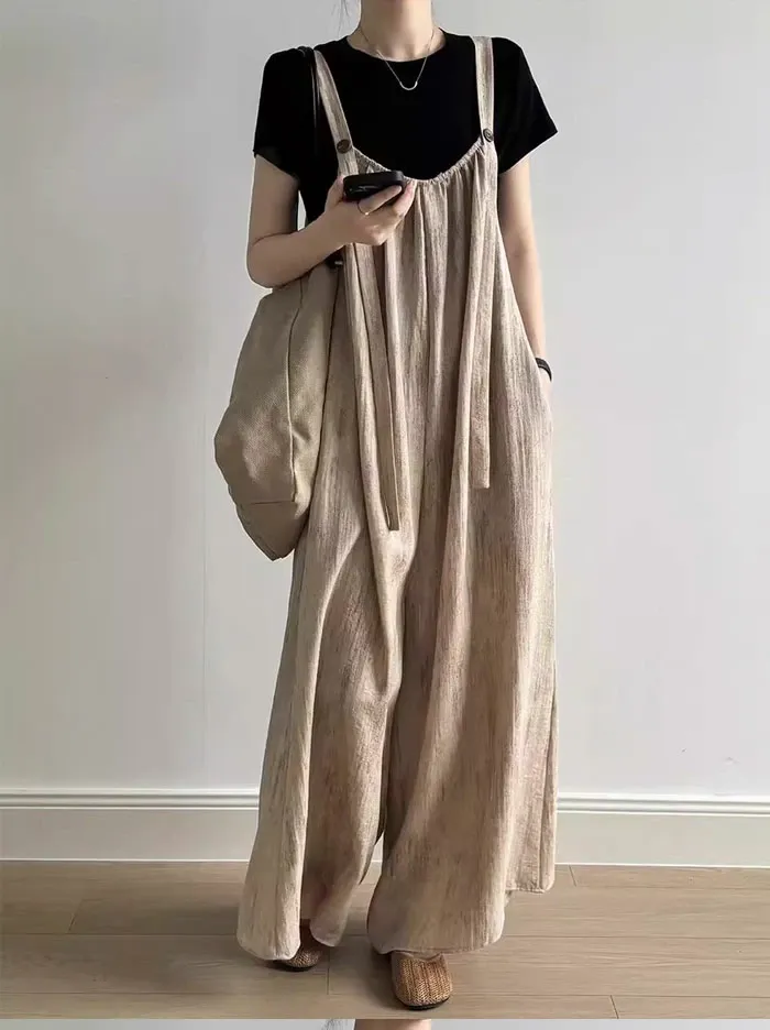 オールインワン サロペット レディース 薄手 夏 ワイドパンツ きれいめ 綿麻混 大きめ 大きいサイズ ノースリーブ リラックス オーバーオール ロング 服 つなぎ シンプル ポケット 楽ちん 大人カジュアル 体型カバー ゆったり 送料無料