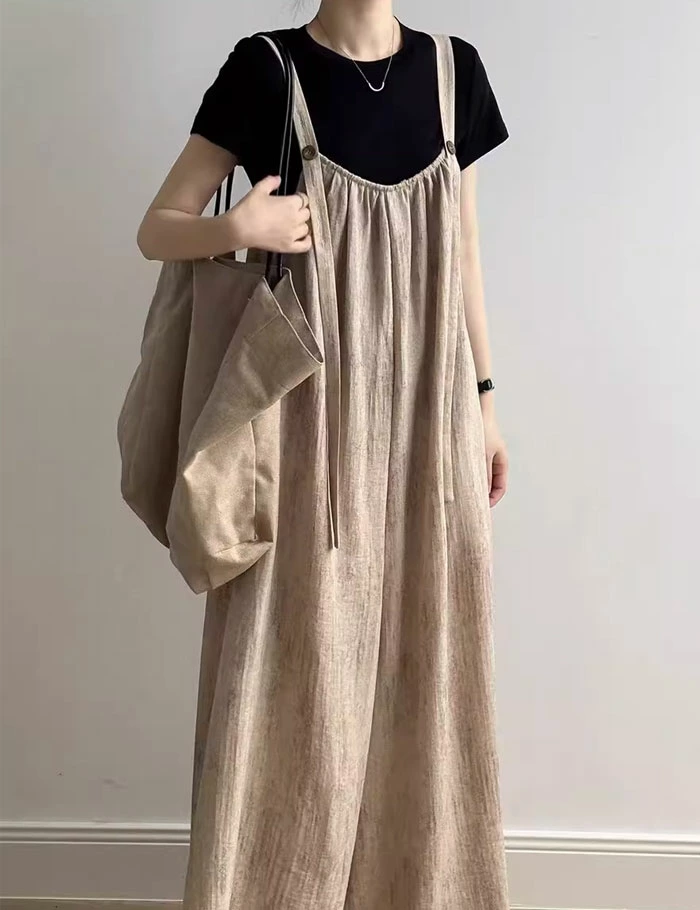 オールインワン サロペット レディース 薄手 夏 ワイドパンツ きれいめ 綿麻混 大きめ 大きいサイズ ノースリーブ リラックス オーバーオール ロング 服 つなぎ シンプル ポケット 楽ちん 大人カジュアル 体型カバー ゆったり 送料無料