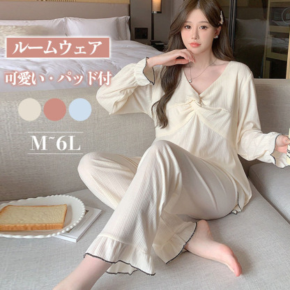パジャマ　長袖　綿　レディース　ルームウエア　コットン　大きいサイズ　お姫系　リボンデザイン　可愛い　おしゃれ　部屋着　ナイトウエア　上下セット