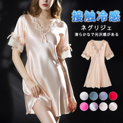 ネグリジェ ミニ丈 レディース ルームウェア 接触冷感 ひんやり 涼しげ 夏 薄め シルクタッチ 光沢感 スリップ ランジェリー ナイトウェア パジャマ 部屋着 Vネック ベビードール セクシー