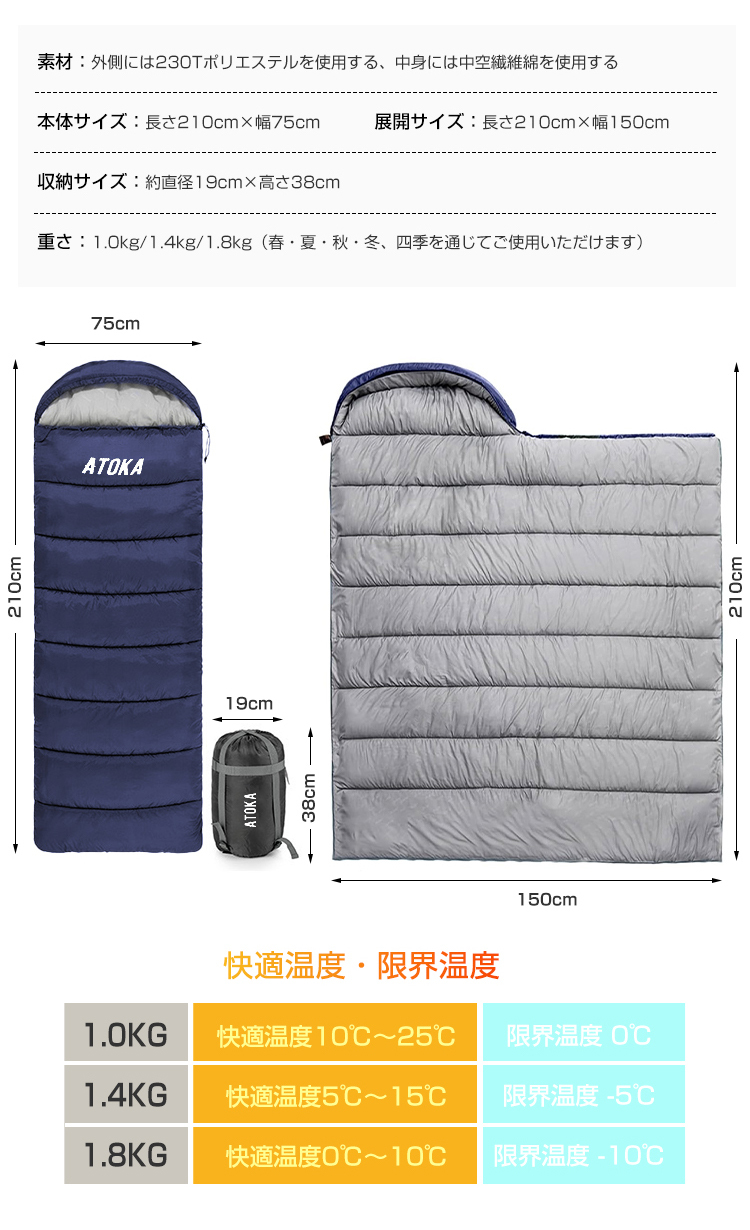 寝袋 封筒型 冬用1.4kg 1.8kg 1.0kg シュラフ 最強 -10℃ 暖かい コンパクト ねぶくろ 来客用 洗える 洗濯可能 軽量 キャンプ 車中泊 防水 収納パック付き 泊まる 新生活 布団 防災 宿泊 コンパクト オールシーズンアウトドア