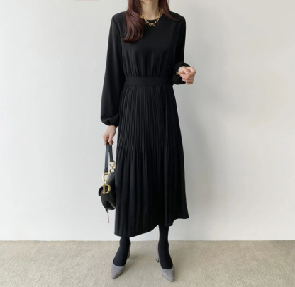 きれいめ ワンピース 黒 長袖 春 秋 レディース プリーツ ワンピース ロング ワンピース Aライン 着痩せ ミモレ丈 きれいめ プリーツ ゆったり Aラインワンピース キレイめ 大人 ミモレ丈 卒業式 入学式