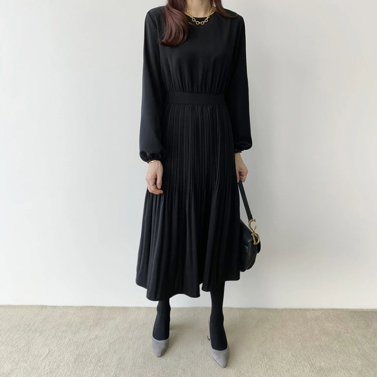 きれいめ ワンピース 黒 長袖 春 秋 レディース プリーツ ワンピース ロング ワンピース Aライン 着痩せ ミモレ丈 きれいめ プリーツ ゆったり Aラインワンピース キレイめ 大人 ミモレ丈 卒業式 入学式