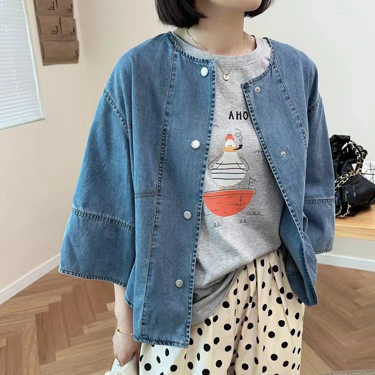 ジャケット レディース デニム ノーカラー シャツ 長袖 ジャケット デニム カーディガン ノーカラー 薄手 春 秋 着痩せ 体型カバー シンプル カジュアル おしゃれ ゆったり 着回し