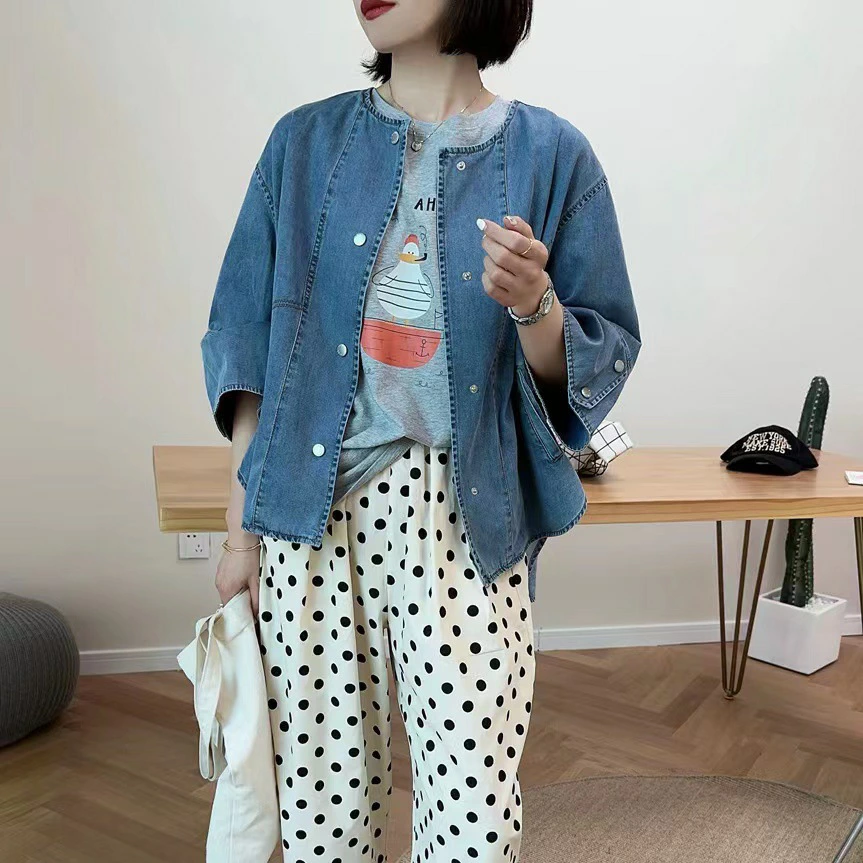 ジャケット レディース デニム ノーカラー シャツ 長袖 ジャケット デニム カーディガン ノーカラー 薄手 春 秋 着痩せ 体型カバー シンプル カジュアル おしゃれ ゆったり 着回し