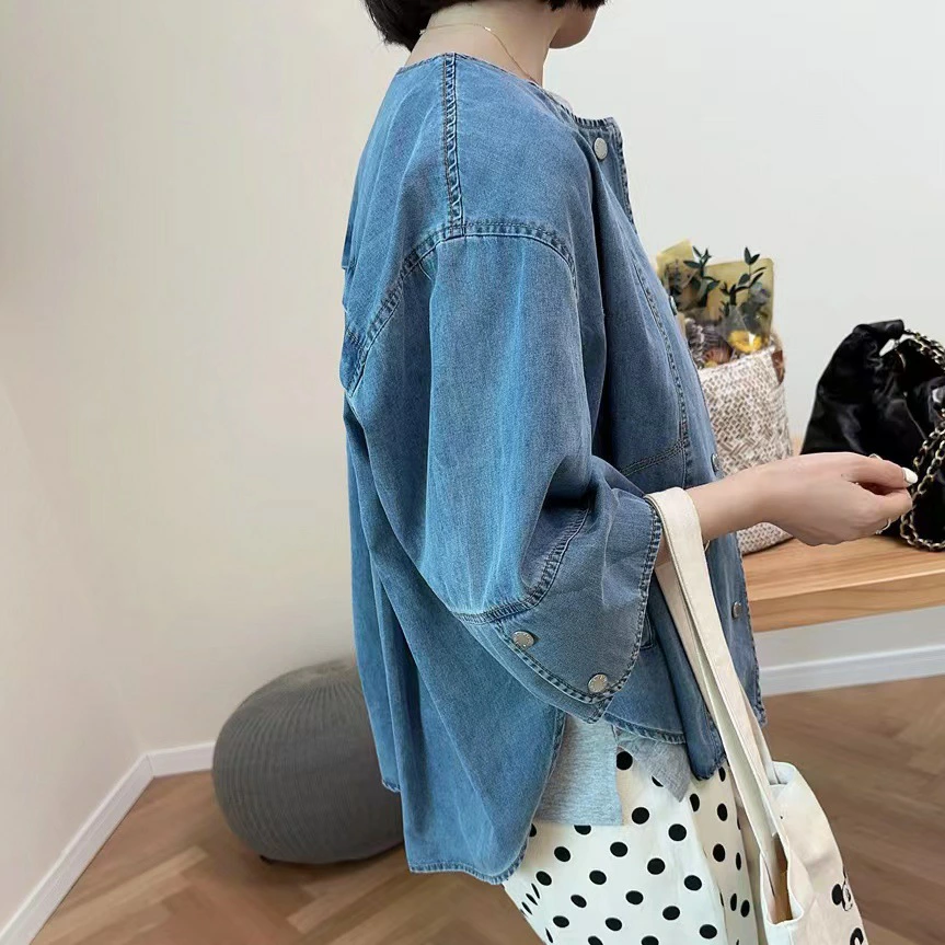 ジャケット レディース デニム ノーカラー シャツ 長袖 ジャケット デニム カーディガン ノーカラー 薄手 春 秋 着痩せ 体型カバー シンプル カジュアル おしゃれ ゆったり 着回し