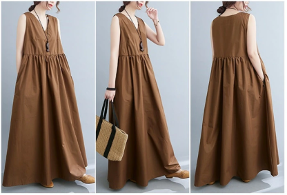 ノースリーブワンピース リネンワンピース ノースリーブ ワンピース vネック ワンピース マキシワンピース レディース 夏 マキシ丈 Aライン ゆったり 体型カバー 大きいサイズ シンプル おしゃれ きれいめ 涼しい 秋 大人可愛い