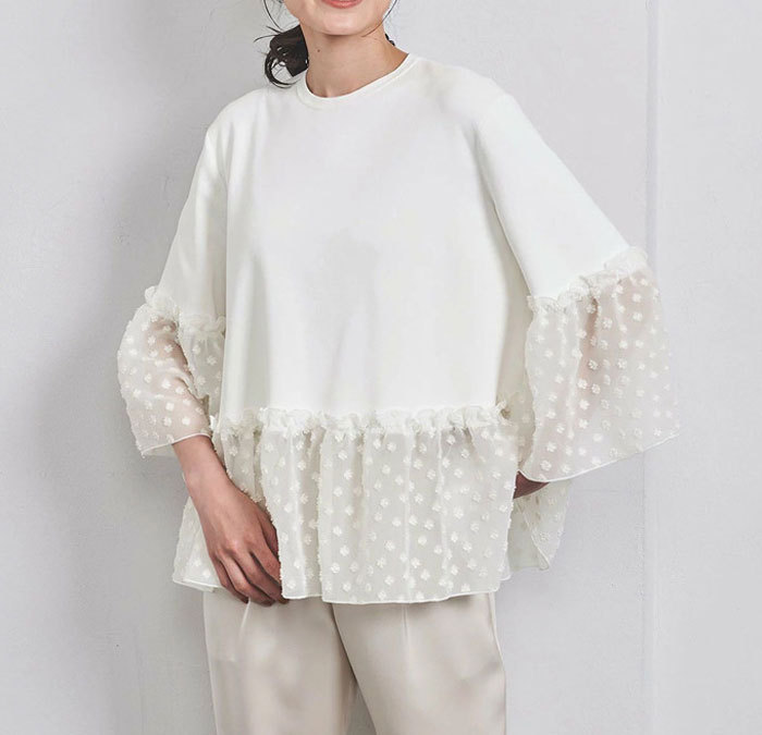 Tシャツ シャツブラウス レディース トップス ペプラム プリーツ切り替え シャツ シフォンフレア袖 フリル 切り替え ドッキング 異素材 ブラウス フレア シンプル 無地 体型カバー 大人可愛い 七分袖