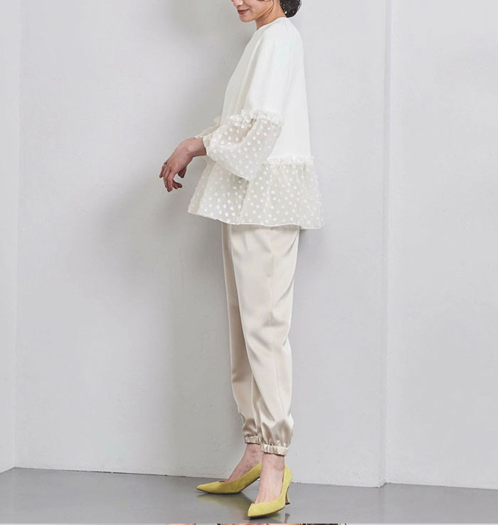 Tシャツ シャツブラウス レディース トップス ペプラム プリーツ切り替え シャツ シフォンフレア袖 フリル 切り替え ドッキング 異素材 ブラウス フレア シンプル 無地 体型カバー 大人可愛い 七分袖