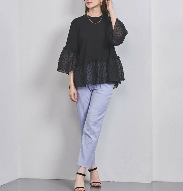 Tシャツ シャツブラウス レディース トップス ペプラム プリーツ切り替え シャツ シフォンフレア袖 フリル 切り替え ドッキング 異素材 ブラウス フレア シンプル 無地 体型カバー 大人可愛い 七分袖