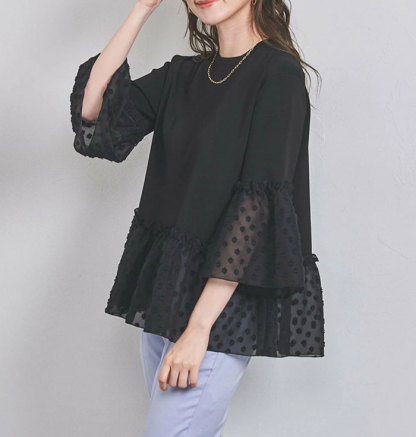 Tシャツ シャツブラウス レディース トップス ペプラム プリーツ切り替え シャツ シフォンフレア袖 フリル 切り替え ドッキング 異素材 ブラウス フレア シンプル 無地 体型カバー 大人可愛い 七分袖