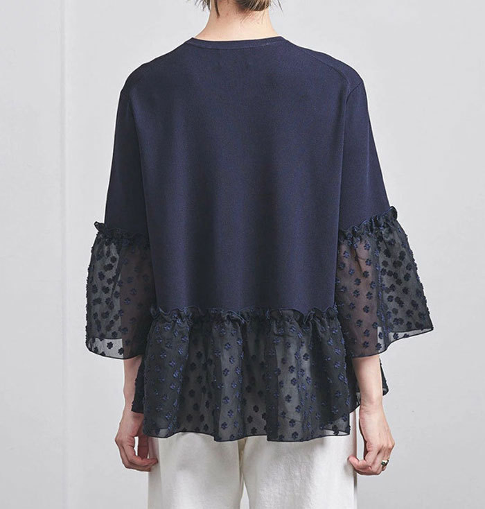 Tシャツ シャツブラウス レディース トップス ペプラム プリーツ切り替え シャツ シフォンフレア袖 フリル 切り替え ドッキング 異素材 ブラウス フレア シンプル 無地 体型カバー 大人可愛い 七分袖