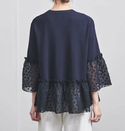 Tシャツ シャツブラウス レディース トップス ペプラム プリーツ切り替え シャツ シフォンフレア袖 フリル 切り替え ドッキング 異素材 ブラウス フレア シンプル 無地 体型カバー 大人可愛い 七分袖